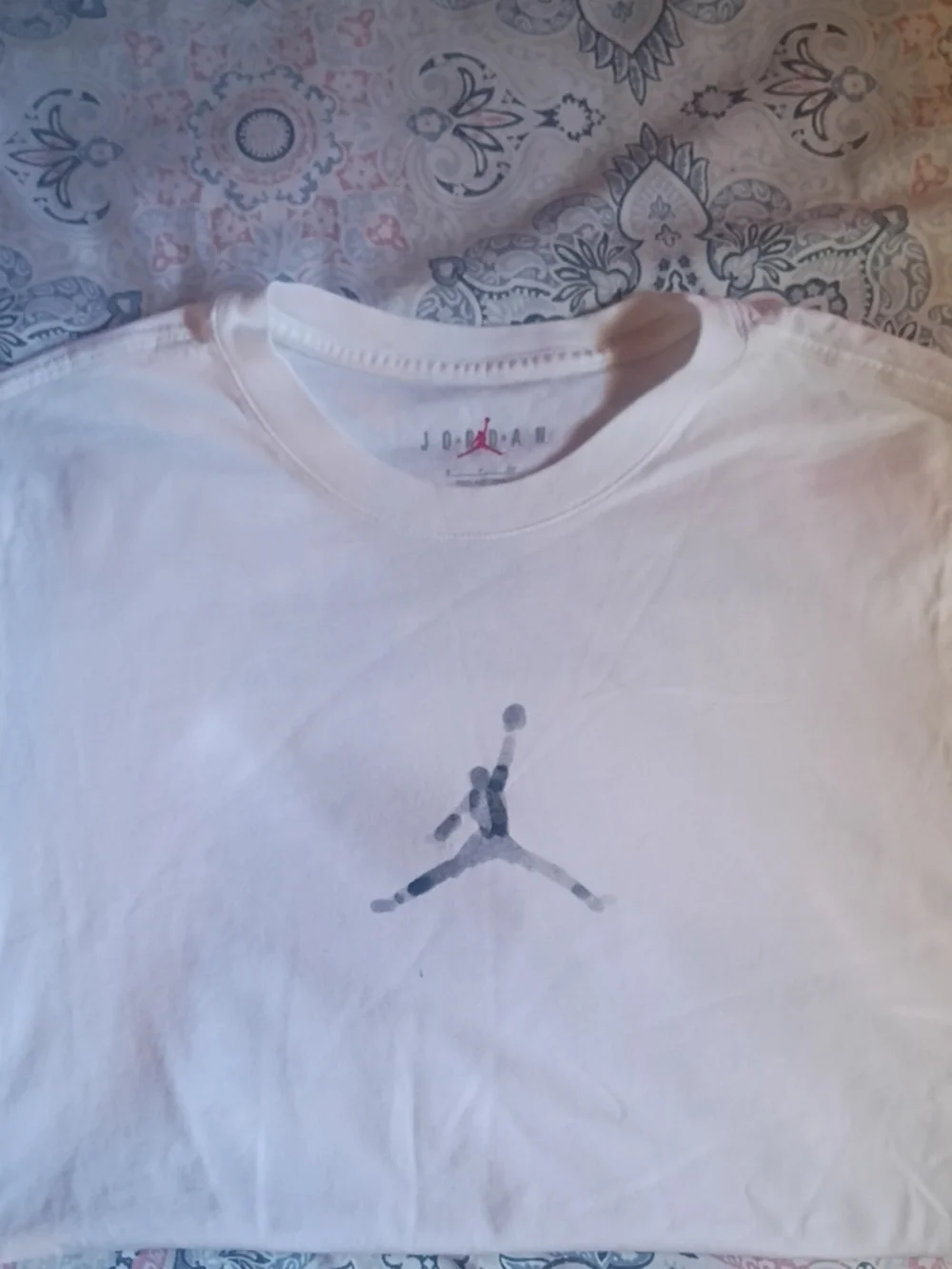 Nike Air Jordan White Tee with Blue and Gray Sneaker Graphic